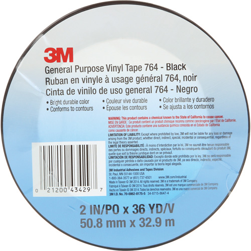 764 General-Purpose Vinyl Tape, 50.8 mm (2") W x 32.9 m (108') L, 5 mils, Black Helyx Safety & Industrial Supplies