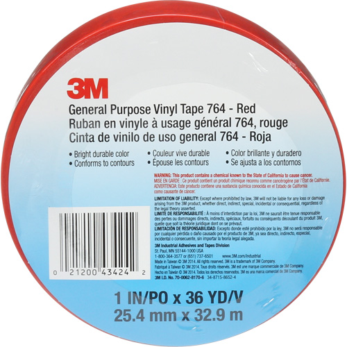 Ruban en vinyle pour travaux g&eacute;n&eacute;raux 764, 25,4 mm (1") la x 32,9 m (108') lo, 5 mils, Rouge Helyx Safety & Industrial Supplies