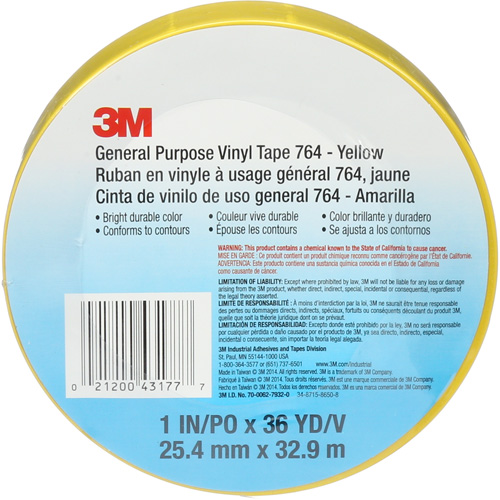 Ruban en vinyle pour travaux g&eacute;n&eacute;raux 764, 25,4 mm (1") la x 32,9 m (108') lo, 5 mils, Jaune Helyx Safety & Industrial Supplies