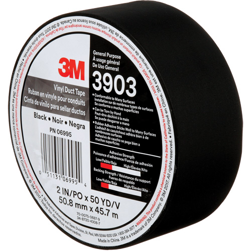 Rubans adh&eacute;sifs en vinyle 3903, 48 mm (2") la x 45 m (148') lo, 6,5 mils, Noir Helyx Safety & Industrial Supplies