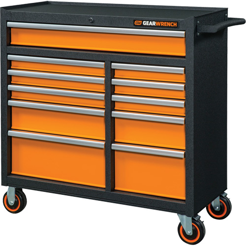 GSX Series Rolling Tool Cabinet, 11 Drawers, 41" W x 18-1/5" D x 41-1/2" H, Black/Orange Helyx Safety & Industrial Supplies