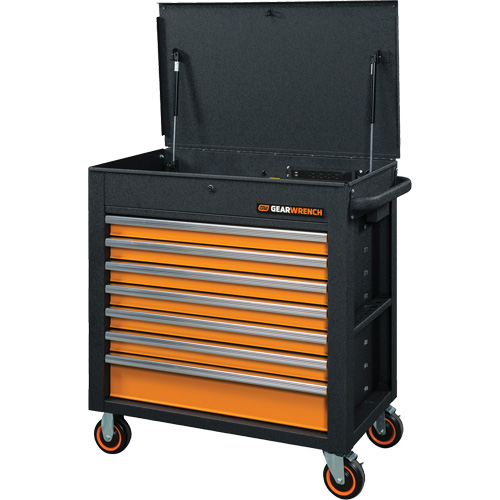 GSX Series Rolling Tool Cart with Tilt Top, 7 Drawers, 35" L x 20" W x 39" H, Black/Orange Helyx Safety & Industrial Supplies