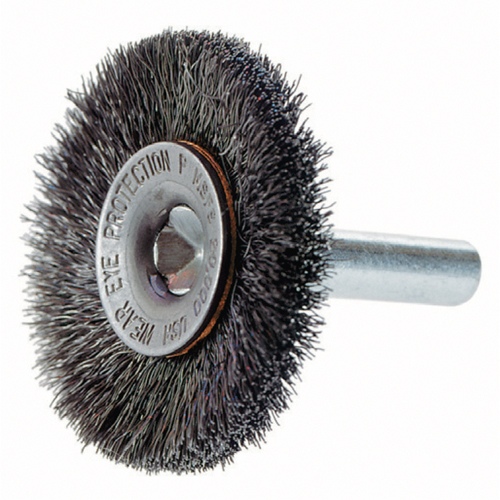 Crimped Wire Wheel Brush with 1/4" Shank, 3" Dia., 0.014" Fill, 1/4" Arbor Helyx Safety & Industrial Supplies
