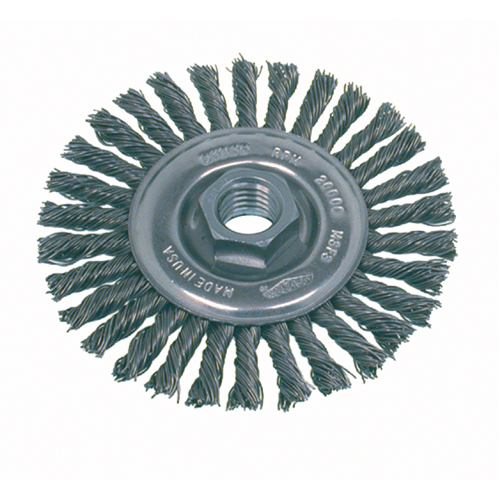 High Speed Small Grinder Stringer Bead Knot Wire Wheel Brush, 4" Dia., 0.02" Fill, 5/8"-11 Arbor, Steel Helyx Safety & Industrial Supplies