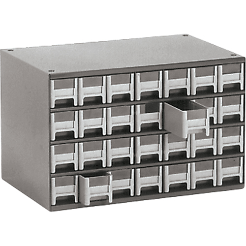 Casiers modulaires pour pi&egrave;ces, Acier, 28 tiroirs, 17" x 10-9/16" x 2-2/16", Gris Helyx Safety & Industrial Supplies