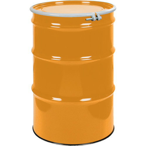 Barils en acier, 55 gal. US (45 gal. imp.), Non doubl&eacute;, Orange, Dessus ouvert, UN1A2/Y1.5/150, Calibre 16 Helyx Safety & Industrial Supplies