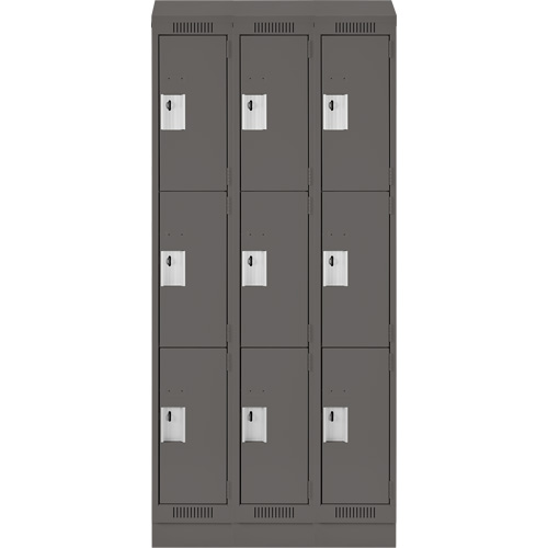 Clean Line Lockers, 3 -tier, Bank of 3, 36" x 18" x 82", Steel, Charcoal, Rivet (Assembled) Helyx Safety & Industrial Supplies