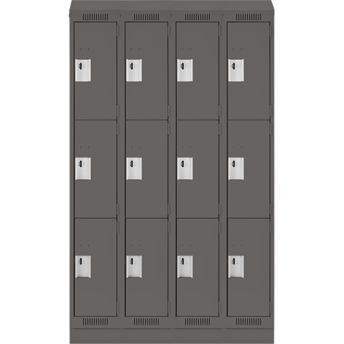 Clean Line Lockers, 3 -tier, Bank of 4, 48" x 18" x 82", Steel, Charcoal, Rivet (Assembled) Helyx Safety & Industrial Supplies
