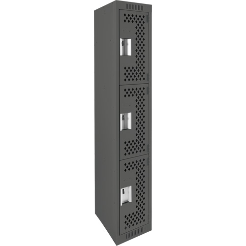 Clean Line Lockers, 3 -tier, 12" x 12" x 72", Steel, Charcoal, Rivet (Assembled), Perforated Helyx Safety & Industrial Supplies