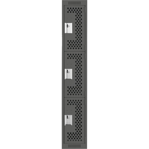 Clean Line Lockers, 3 -tier, 12" x 12" x 72", Steel, Charcoal, Rivet (Assembled), Perforated Helyx Safety & Industrial Supplies