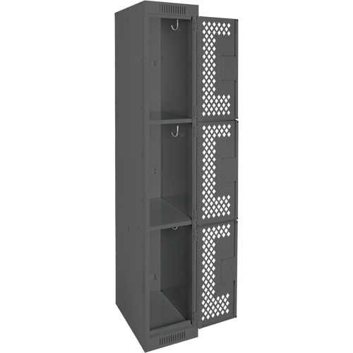 Clean Line Lockers, 3 -tier, 12" x 12" x 72", Steel, Charcoal, Rivet (Assembled), Perforated Helyx Safety & Industrial Supplies