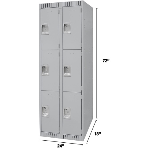 Lockers, 3 -tier, Bank of 2, 24" x 18" x 72", Steel, Grey, Knocked Down Helyx Safety & Industrial Supplies