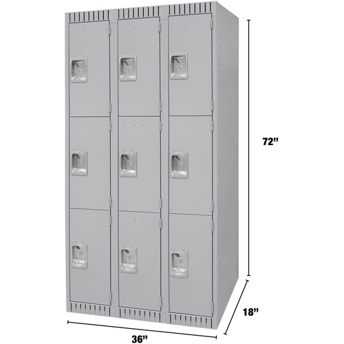 Lockers, 3 -tier, Bank of 3, 36" x 18" x 72", Steel, Grey, Knocked Down Helyx Safety & Industrial Supplies
