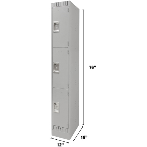 Lockers, 3 -tier, 12" x 18" x 76", Steel, Grey, Knocked Down Helyx Safety & Industrial Supplies