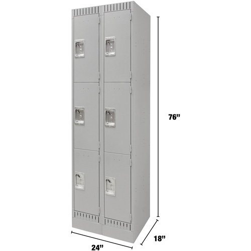 Lockers, 3 -tier, Bank of 2, 24" x 18" x 76", Steel, Grey, Knocked Down Helyx Safety & Industrial Supplies