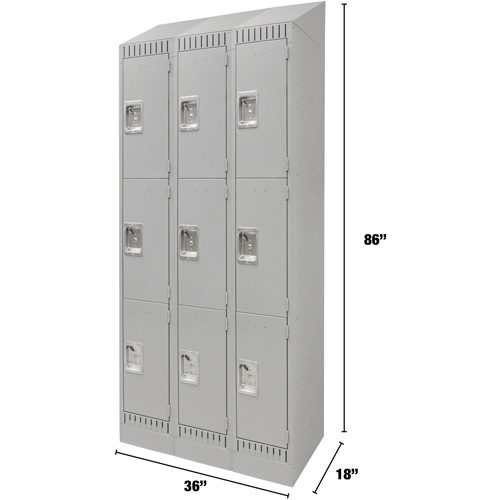 Lockers, 3 -tier, Bank of 3, 36" x 18" x 86", Steel, Grey, Knocked Down Helyx Safety & Industrial Supplies