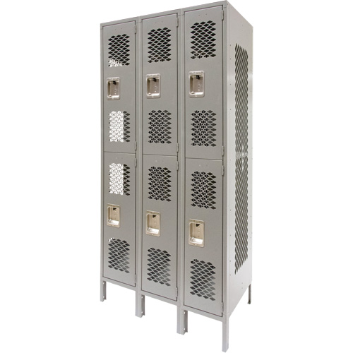 Casiers ventil&eacute;s, 2 niveaux, Bloc de 3, 36" x 18" x 78", Acier, Gris, D&eacute;mont&eacute;, Perfor&eacute; Helyx Safety & Industrial Supplies