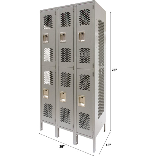 Casiers ventil&eacute;s, 2 niveaux, Bloc de 3, 36" x 18" x 78", Acier, Gris, D&eacute;mont&eacute;, Perfor&eacute; Helyx Safety & Industrial Supplies