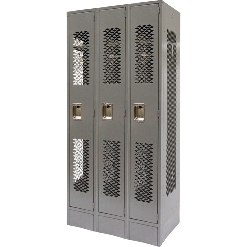 Vented Lockers, Bank of 3, 36" x 18" x 78", Steel, Grey, Knocked Down, Perforated Helyx Safety & Industrial Supplies