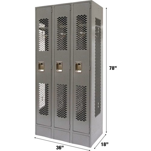 Vented Lockers, Bank of 3, 36" x 18" x 78", Steel, Grey, Knocked Down, Perforated Helyx Safety & Industrial Supplies