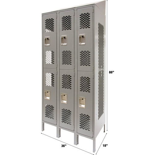 Casiers ventil&eacute;s, 2 niveaux, Bloc de 3, 36" x 18" x 88", Acier, Gris, D&eacute;mont&eacute;, Perfor&eacute; Helyx Safety & Industrial Supplies