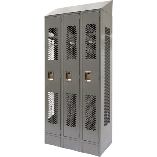 Vented Lockers, Bank of 3, 36" x 18" x 88", Steel, Grey, Knocked Down, Perforated Helyx Safety & Industrial Supplies