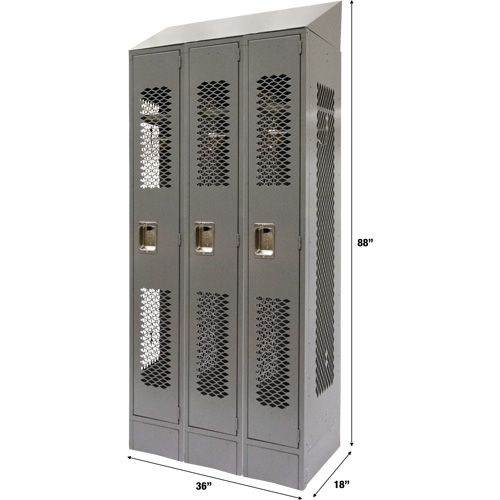 Vented Lockers, Bank of 3, 36" x 18" x 88", Steel, Grey, Knocked Down, Perforated Helyx Safety & Industrial Supplies
