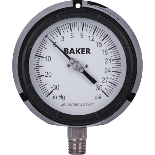 Manom&egrave;tre,  4-1/2", 30"-0-30 psi, Fixation inf&eacute;rieure, Analogique rempli de liquide Helyx Safety & Industrial Supplies