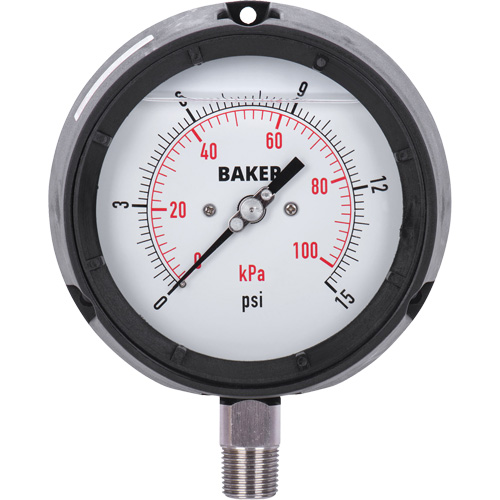 Manom&egrave;tre,  4-1/2", 0 - 15 psi/0 - 100 kPa, Fixation inf&eacute;rieure, Analogique rempli de liquide Helyx Safety & Industrial Supplies