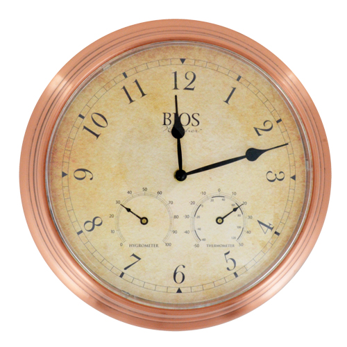 3-in-1 Outdoor Clock, Analog, Battery Operated, 14" Dia., Brown Helyx Safety & Industrial Supplies