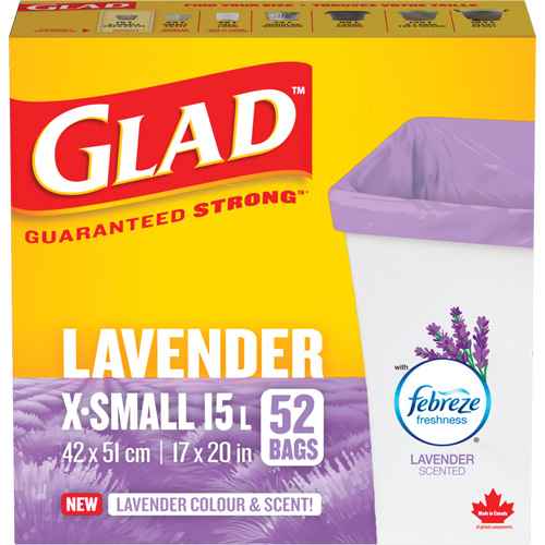 Glad&reg; Lavender Coloured & Scented Bags, Strong, 17" W x 20" L, Purple, 15 L (3.96 Gal.) Capacity Helyx Safety & Industrial Supplies