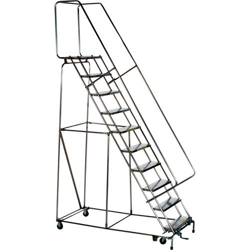 Lockstep Rolling Ladders, 10 Steps, 24" Step Width, 100" Platform Height, Stainless Steel Helyx Safety & Industrial Supplies