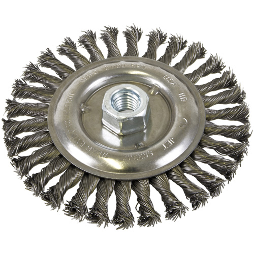 Brosse filet&eacute;e &agrave; fils nou&eacute;es et face standard, Dia. 6", Fils 0,022", Arbre 5/8"-11, Acier Helyx Safety & Industrial Supplies