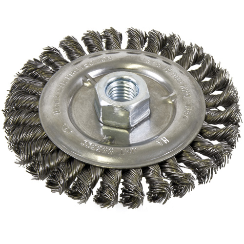Brosse filet&eacute;e &agrave; fils nou&eacute;s et face standard, Dia. 5", Fils 0,022", Arbre 5/8"-11, Acier Helyx Safety & Industrial Supplies