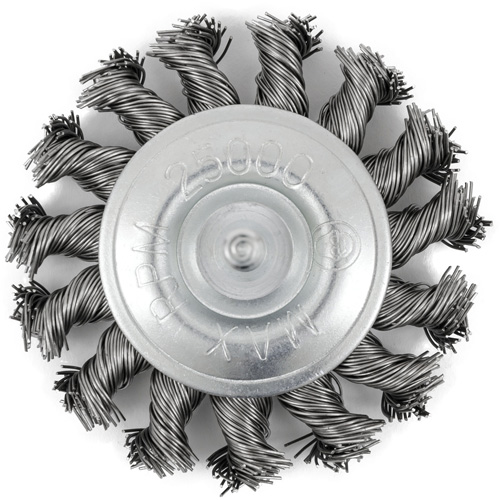 Brosse radiale &agrave; fils nou&eacute;s torsad&eacute;s mont&eacute; sur mandrin, Dia. 3", Fils 0,02", Arbre 1/4", Acier inoxydable Helyx Safety & Industrial Supplies
