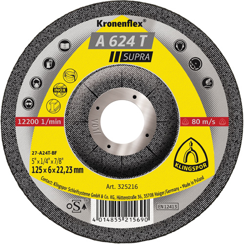 A 624 T Supra Kronenflex&reg; Grinding Disc, 5" x 1/4", 7/8" Arbor Helyx Safety & Industrial Supplies