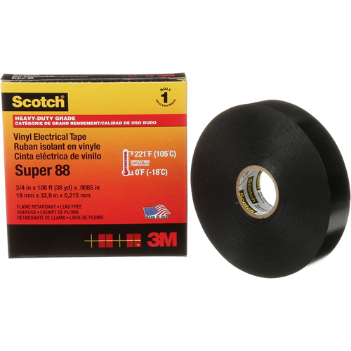 Ruban isolant Super 88 de calibre professionnel Scotch, 19 mm (3/4") la x 32,9 m (108') lo, 8,5 mils, Noir Helyx Safety & Industrial Supplies