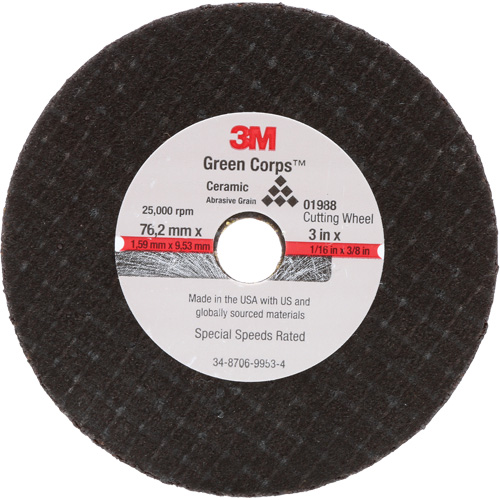 General-Purpose Cut-Off Wheel, 3" x 1/16", 3/8" Arbor, Type 27, Aluminum Oxide, 25000 RPM Helyx Safety & Industrial Supplies