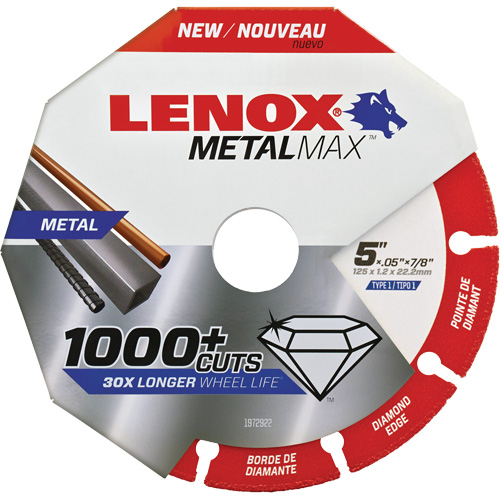 Meule de tronçonnage des m&eacute;taux MetalMax, 5" x 0,05", Arbre de 7/8", Type 1, Losange, 12 200 Tr/min Helyx Safety & Industrial Supplies