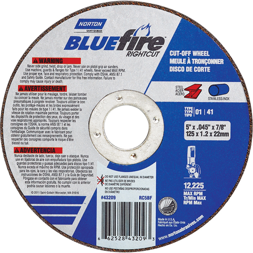 BlueFire&reg; Cut-off Wheel, 4-1/2" x 0.045"/1/16", 7/8" Arbor, Type 01/41, Aluminum Oxide/Zirconium, 13580 RPM Helyx Safety & Industrial Supplies