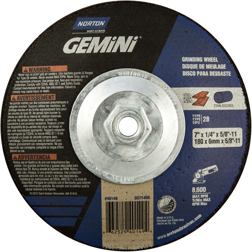 Gemini&reg; Saucer Wheel, 7" x 1/4", 5/8"-11 Arbor, Aluminum Oxide, Type 28 Helyx Safety & Industrial Supplies