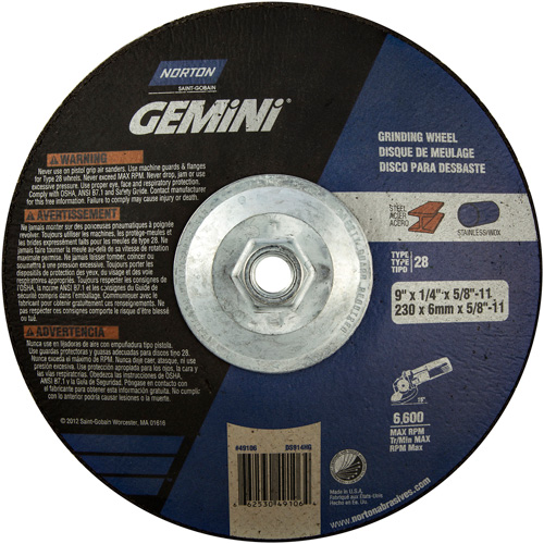 Gemini&reg; Saucer Wheel, 9" x 1/4", 5/8"-11 Arbor, Aluminum Oxide, Type 28 Helyx Safety & Industrial Supplies