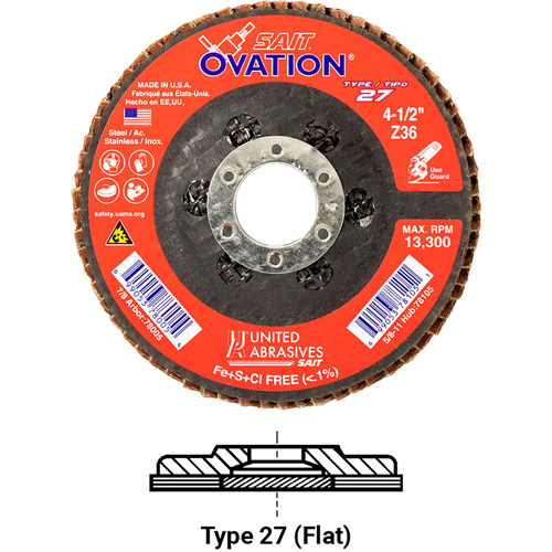 Ovation Flap Disc, 4-1/2" x 5/8"-11, Type 27, 36 Grit, Zirconium Helyx Safety & Industrial Supplies