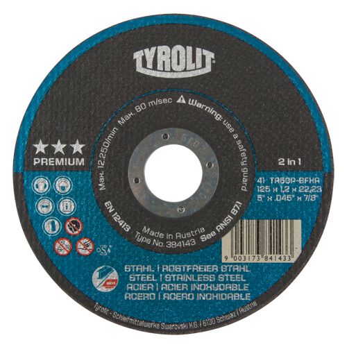 Premium 2 In 1 Thincut Cut-Off Wheel, 5" x 0.045", 7/8" Arbor, Type 1, Aluminum Oxide, 12250 RPM Helyx Safety & Industrial Supplies