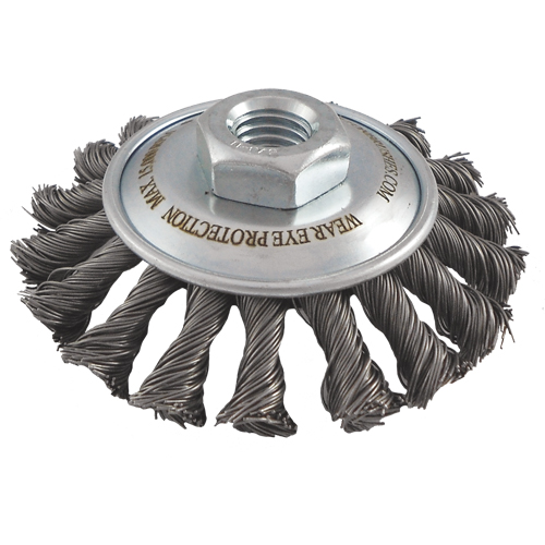 Knotted Wire Wheel Saucer Brushes, 4" Dia., 0.02" Fill, 5/8"-11 Arbor, Steel Helyx Safety & Industrial Supplies