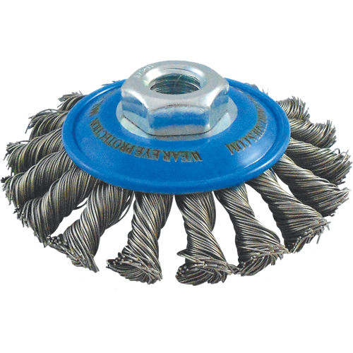 Knotted Wire Wheel Saucer Brushes, 4" Dia., 0.02" Fill, 5/8"-11 Arbor, Stainless Steel Helyx Safety & Industrial Supplies