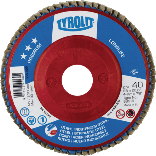Disque &agrave; lamelles Long Life 4-1/2", 4-1/2" x 7/8", Type 27, Grain 40, Zirconium Helyx Safety & Industrial Supplies