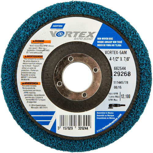 Vortex Non-Woven Disc, 4-1/2" Dia. x 1/2" W, 7/8" Arbor, Aluminum Oxide Helyx Safety & Industrial Supplies