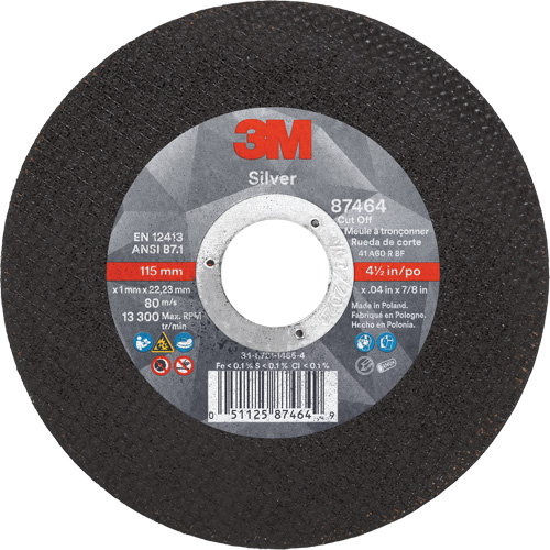 Silver Cut-Off Wheel, 4-1/2" x 0.04", 7/8" Arbor, Type 1, Ceramic, 13300 RPM Helyx Safety & Industrial Supplies