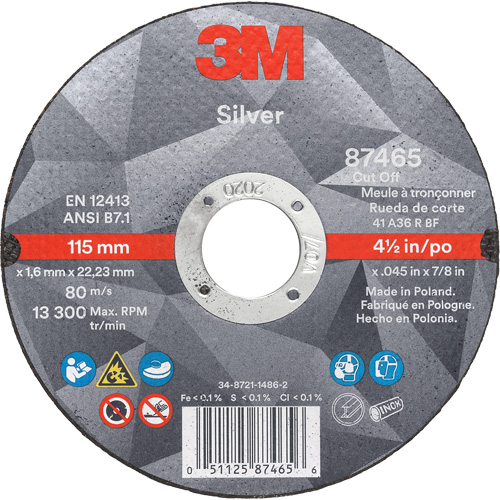 Meule &agrave; tronçonner Silver, 4-1/2" x 0,045", Arbre de 7/8", Type 1, C&eacute;ramique, 13 300 Tr/min Helyx Safety & Industrial Supplies